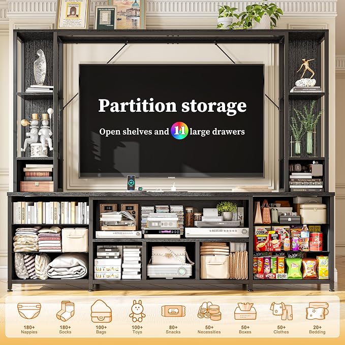 EnHomee 65" TV Stand for Living Room, Large Entertainment Center with 11 Fabric Drawers, 2 LED Lights & Power Outlets, Modern Dresser with Storage Shelves, Wall Unit for Bedroom, Black - Image 9