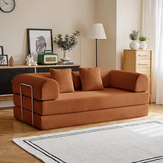 87'' Convertible Compressed Corduroy Folding Cloud Sofa Bed, Modern Modular Boneless Pull Out 3 Seater Sleeper in a Box, 5 in 1 Foldable Floor Mattress Couch, No Assembly Needed, Orange, Pillows, King