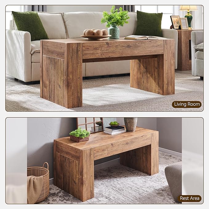 OKD 48" Modern Farmhouse Coffee Table, Wooden Living Room Table with Hidden Storage Drawer, Rustic Rectangular Center Tables w/Wood Thick Design for Living Room, Office, Gold Rustic Brown