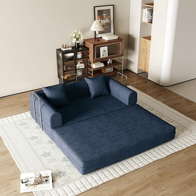 59'' Convertible Compressed Corduroy Folding Sofa Bed, Modern Boneless Pull Out Loveseat Sleeper in a Box, 4 in 1 Floor Mattress Futon Cloud Couch, No Assembly Needed, Navy Blue, 2 Pillows, Queen