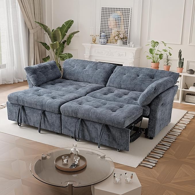 Casaphoria 3 in 1 Convertible Sofa Bed L-Shaped Sleeper with Dual Pull-Out Beds – Space Saving Sectional Couch for Small Spaces Bedroom Guest Room 89.8 Inch Blue