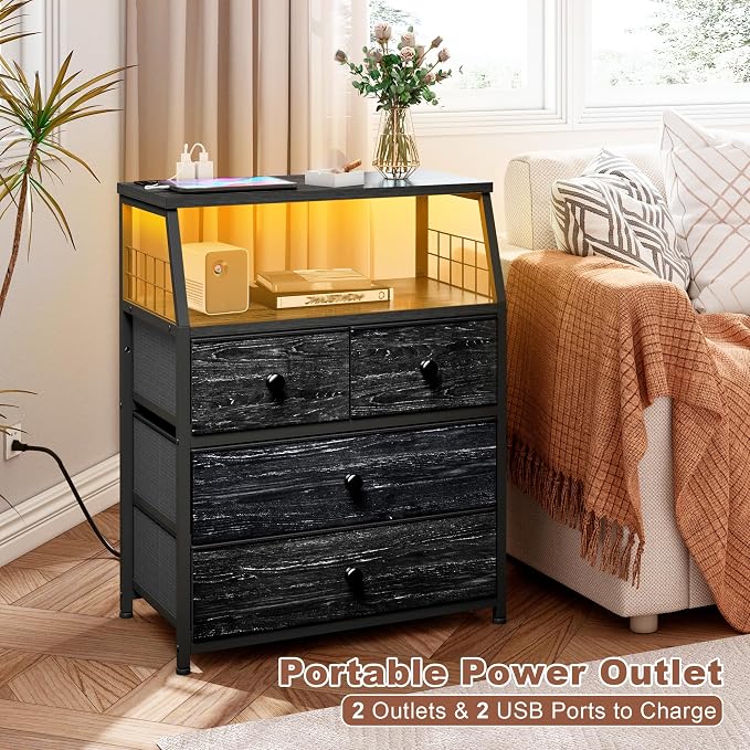 EnHomee Nightstands Set of 2, Bedside Table with Charging Station & LED Lights, End Table with 4 Fabric Drawers, Furniture for Bedroom, Dorm, Closet, Entryway, Wood Top, Black - Image 8