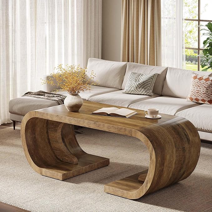 Tribesigns Farmhouse Coffee Table, 47" Heavy Duty C-Shaped Center Table with Curved Base, Large Tea Table for Living Room, Entertainment Room, Home Office, Rustic Brown