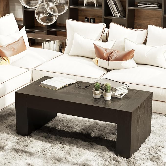 COZAYH Modern Black Wood Coffee Table with Thick Block Legs and Natural Wood Grain, Rectangular Large Center Table for Living Room Decor, Office, Farmhouse, Sturdy