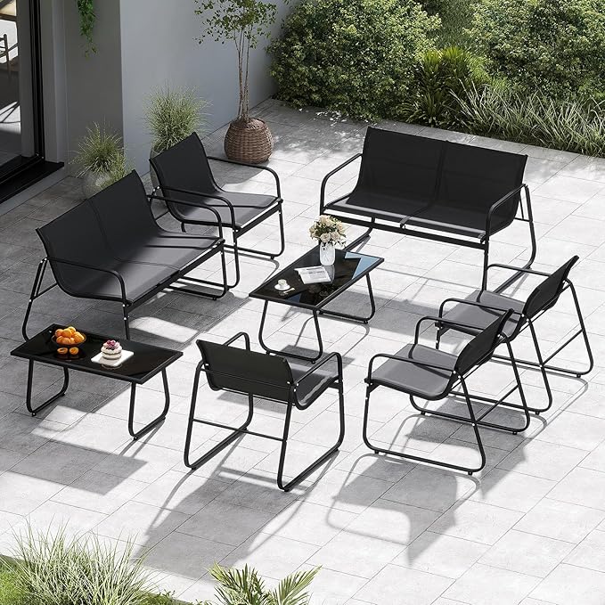 Tangkula 4 Piece Patio Furniture Set, Outdoor Metal Conversation Chair & Coffee Table Set with Mesh Seat Fabric & Tempered Glass Tabletop, Outside Bistro Set for Backyard, Porch, Poolside (1, Black)