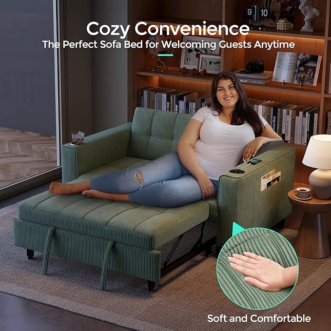 LINSY 54" Pull Out Couch with Charging Station - Sleeper Sofa Bed with Cup Holder, Small 3 in 1 Convertible Loveseat Sleeper Couch for Apartment, Dorm Room, Bedroom and Small Space, Olive Green
