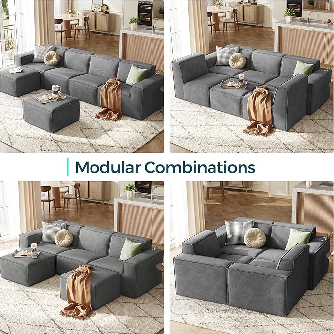 LINSY HOME Modular Sectional Sofa, 134" Boneless Couch L Shaped 4-Seat Sofa with Movable Ottoman, Corduroy Sectional Cloud Couches for Living Room, No Assembly Required, Bluish Grey