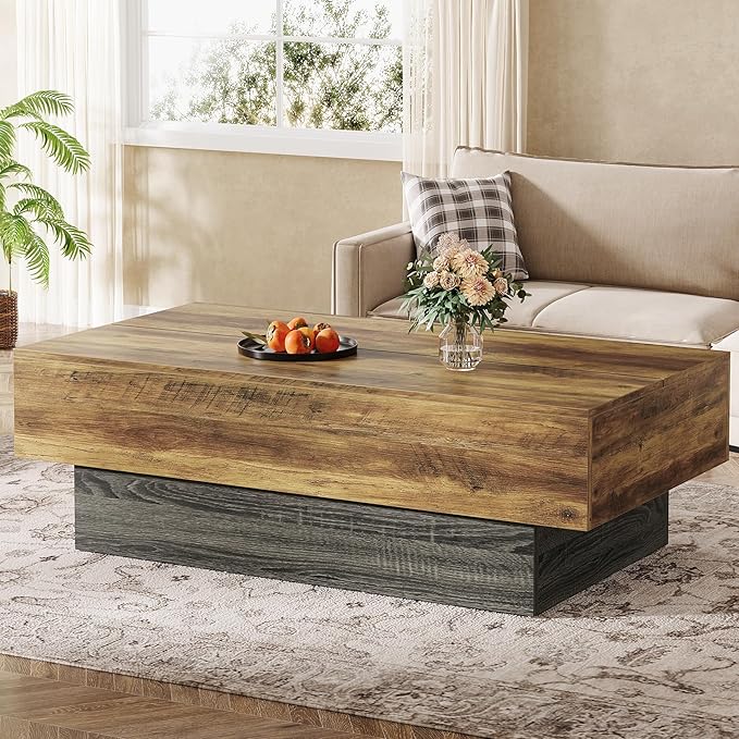 Tribesigns 55-Inch Farmhouse Wood Coffee Table, Rustic Large Rectangle Tea Table, Vintage Center Table for Living Room, Office Reception, Rustic Brown & Grey