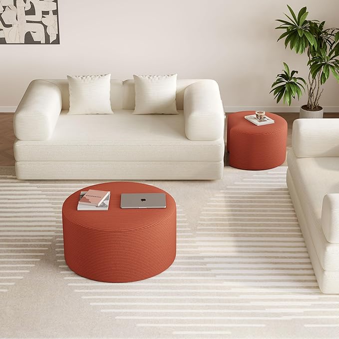 Nesting Coffee Table Set of 2, Upholstered Round Corduroy Circle Foam Round Side Table for Living Room, Entryway Set, 32"+17" Footrest No Assembly (Orange, 32"+17")