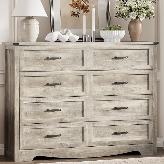 Dresser for Bedroom with 8 Drawers, 54" Wide Wood Chest of Drawers with Deep Drawers & Mental Handle, Modern Dresser TV Stand, Wooden Closet Storage Organizer for Living Room, Hallway, Entryway, Grey - Image 8