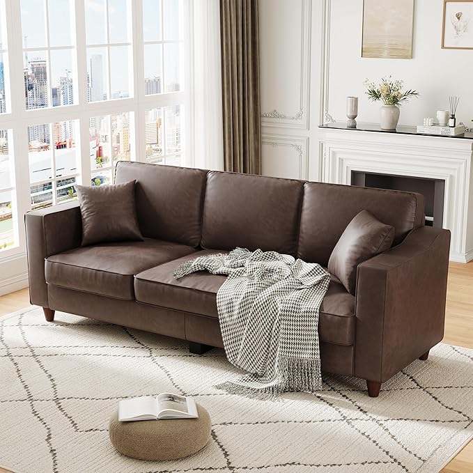 3-Seater Sofa Couch with 2 Throw Pillows, 85 Inches Faux Leather Couch with Wide Armrests, Deep Seats, Wood Legs, Back Cushion, Sturdy Support Feet, Couches for Living Room, Office, Dark Brown