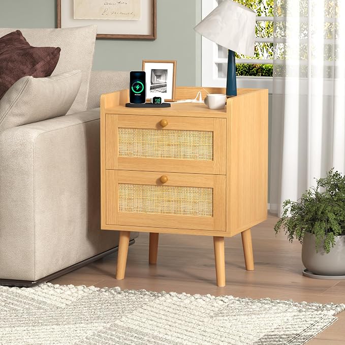 Nightstands Set of 2, Small Night Stands with Charging Station, Wood Rattan Bed Side Table Sets with 2 Drawers & Solid Wood Legs,Boho End Tables for Bedroom, Living Room, Sofa,Small Space - Image 7