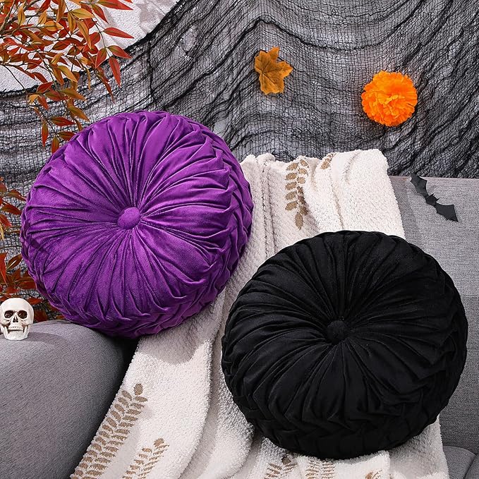 Beeveer 2 Pcs Round Throw Pillows 15 Inch Decorative Velvet Pleated Pumpkin Pillows Boho Floor Pillow with Center Button for Living Room Couch Chair Bed Sofa Home Decoration (Black and Purple)