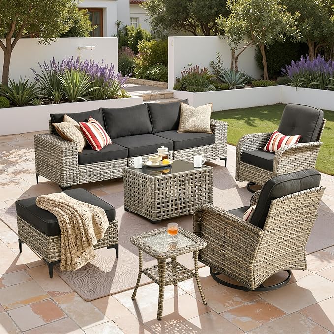 Patio Furniture Set, 8 Pieces Outdoor Wicker Conversation Sets with 2 Wicker Rocking Chair & Coffee Table Outdoor Sectional Sofa for Balcony Backyard Garden Lawn (Black)
