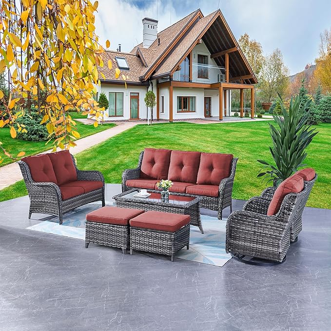 Rilyson Wicker Patio Furniture Set - 7 Piece Rattan Outdoor Sectional Conversation Sets with 2 Rocking Swivel Chairs,2 Ottomans,1 Sofa,1 Loveseat and 1 Coffee Table for Porch Deck(Mixed Grey/Red)