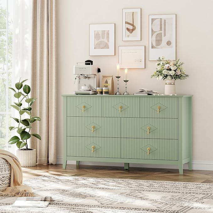 GarveeHome Fluted Dresser for Bedroom, 54 in Wide 7-Drawer Wood Dresser, Modern Chest of Drawers, Storage Organizer Cabinet for Living Room, Hallway, Entryway, Green - Image 8
