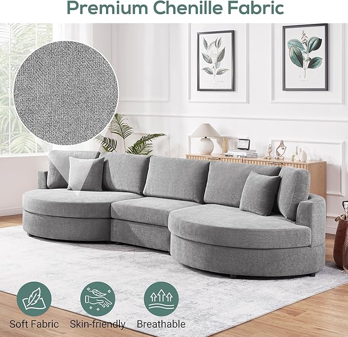 Merax 129 inches 3-Seater Curved Chenille Sofa, Modern Upholstered Living Room Couch with Thick Cushions, Includes 2 Throw Pillows, Easy Assembly, Dark Grey