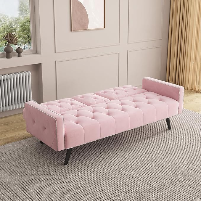 KEIKI 72" Velvet Loveseat Sofa Bed with Nailhead Accents & Tufted Backrest, 3-in-1 Convertible Sleeper with Cup Holders for Small Spaces, Pink