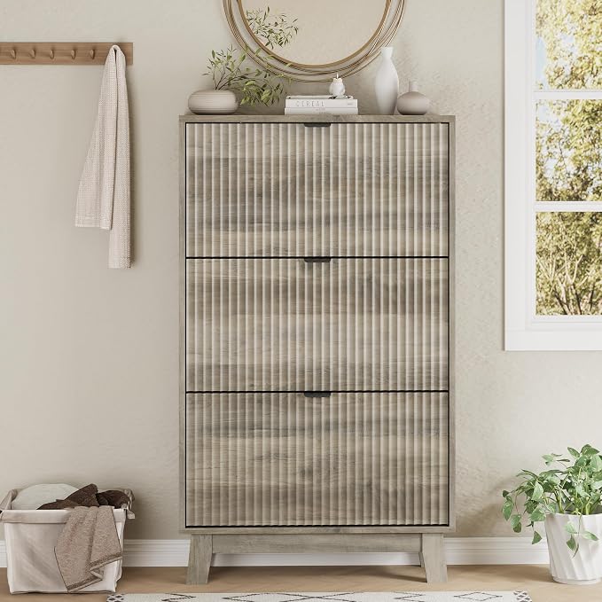 Xixini Shoe Cabinet with 3 Flip Drawers, 54" Tall Narrow Fluted Shoe Storage Organizer for Entryway, Hidden Slim Wooden Shoe Rack Cabinet for Front Door Entrance, Hallway, Living Room, Light Grey - Image 7