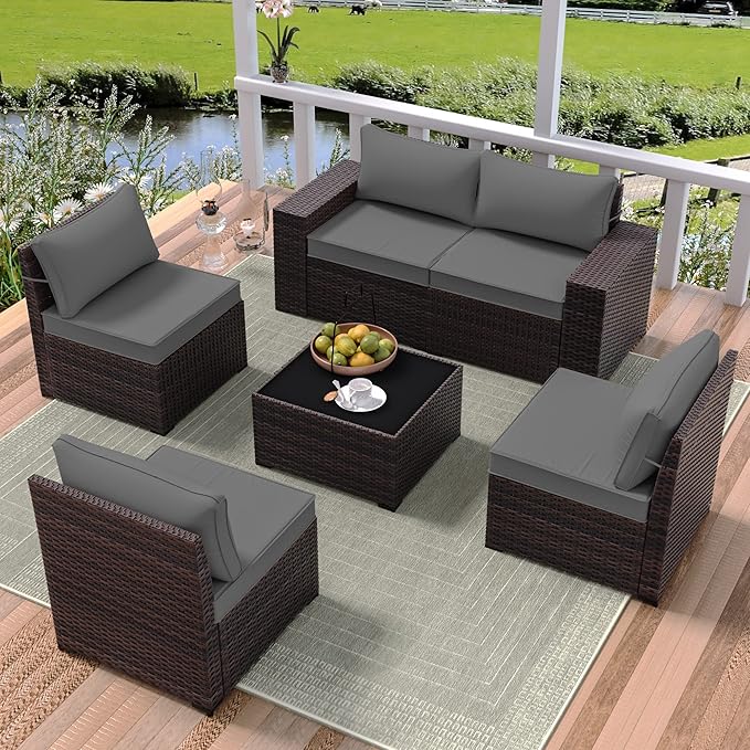 6 PCS Outdoor Patio Furniture Set,Outdoor Sectional Furniture All Weather PE Rattan Wicker Patio Conversation Set with Coffee Table and 5 Thickened Cushions,Grey