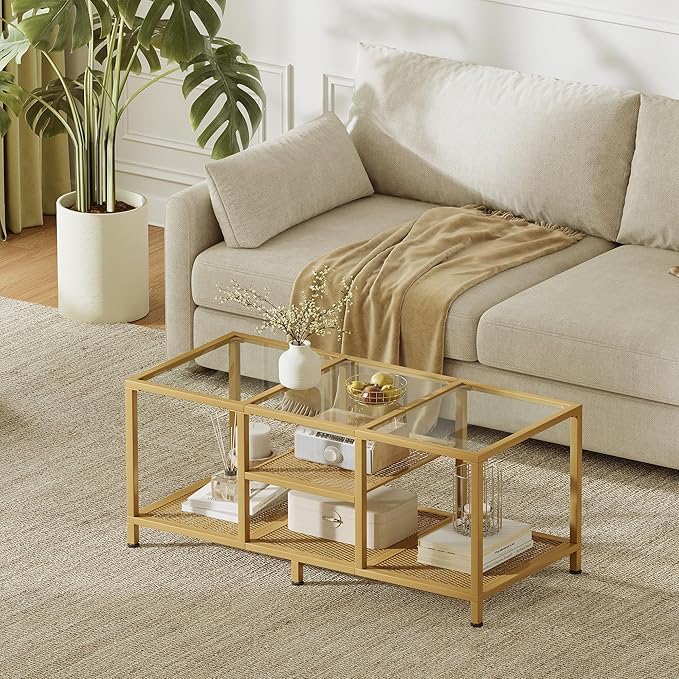 Glass Coffee Table, Coffee Tables for Living Room, Small Center Table, Modern Coffee Table with Open Storge&Metal Frame, Rectangular Coffee Tables for Small Space, Home Office, Gold