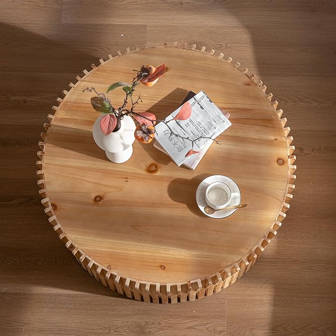Round Wood Coffee Table, Drum Center Table with Fluted Pattern, 31.5 Inch Farmhouse Circle Coffee Table for Living Room, Office, Outdoor, Natural