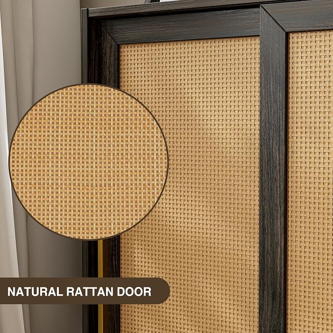 BELLEZE Storage Cabinet, Buffet Sideboard with Rattan Sliding Doors and Adjustable Shelf, Shoe Rack for Entryway, Sideboard Cabinet Accent Cabinet for Living Room and Bathroom - Dana(Brown) - Image 9