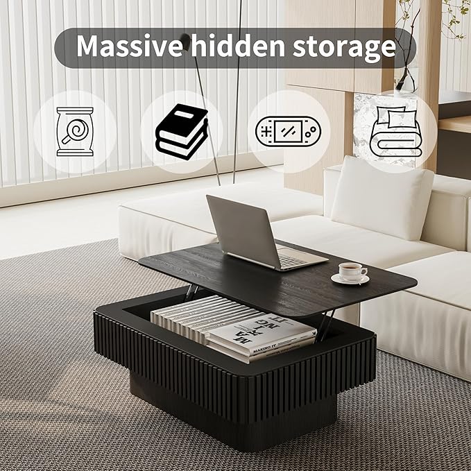 Rectangle Coffee Table with Lifting Top for Living Room Modern Coffee Table with Storage Smart Coffee Tables Lift Up Coffee Tables for Eat Fluted Pedestal Center Tables Apartment 38.6" Black