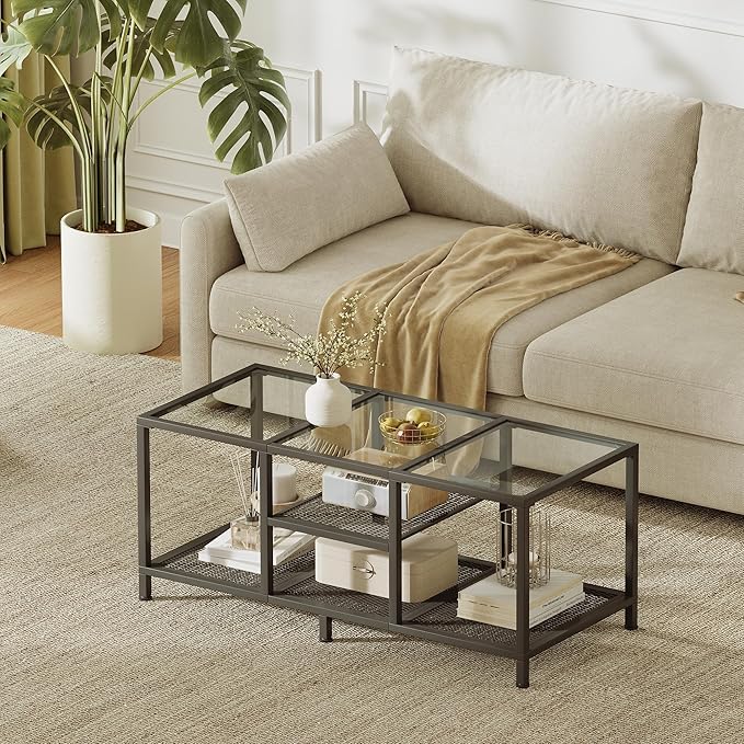 Glass Coffee Table, Coffee Tables for Living Room, Small Center Table, Modern Coffee Table with Open Storge&Metal Frame, Rectangular Coffee Tables for Small Space, Home Office, Black