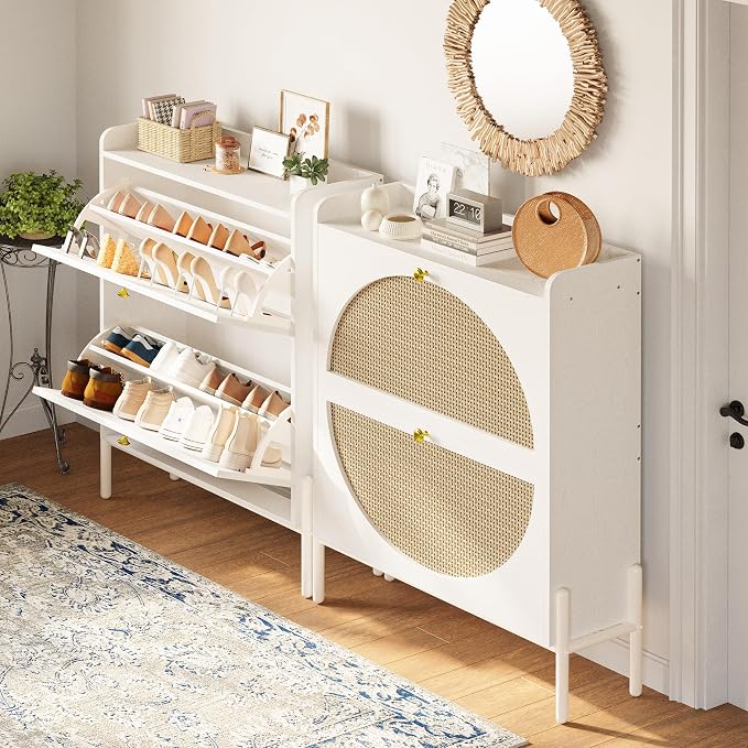 IRONCK Shoe Cabinet Storage with 2 Flip Drawers, Free Standing Wooden Shoe Storage Organizer Cabinet with Rattan Doors for Entryway, Narrow Shoe Rack Cabinet, White - Image 9