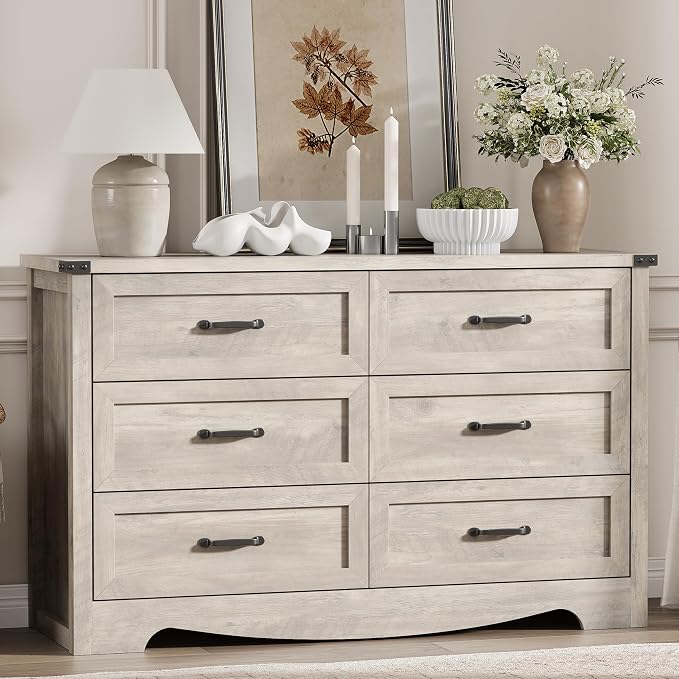 Dresser for Bedroom with 6 Drawers, 54" Wide Wood Chest of Drawers with Deep Drawers & Mental Handle, Modern Dresser TV Stand, Wooden Closet Storage Organizer for Living Room, Hallway, Entryway, Grey - Image 8