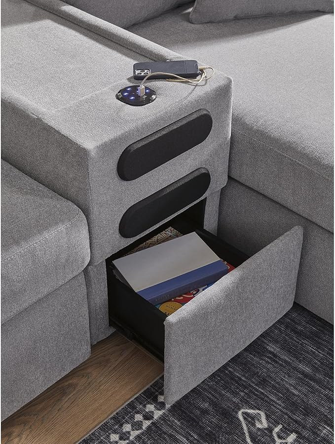 Signature Design by Ashley Modmax Contemporary Stain Resistant Left-Arm Facing 6-Piece Sectional with Audio Console, Armrest, Throw Pillows, Storage, Reversible Cushions and USB Port, Gray
