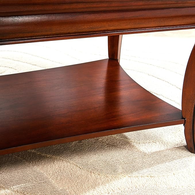 PADMA HOUSE Traditional Wood Coffee Table with Glasstop & Curved Legs, Rectangle Solid Wood Tea Table with Storage Shelf, 2-Tier Glass Center Tables in Cherry for Living Room,47.2 * 23.6 * 17.9in