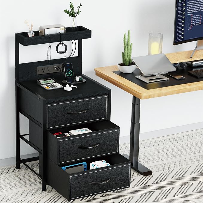 SZLHANJZ LED Nightstand Set of 2, Night Stand with 3 Drawers and Type C Charging Station, Storage End Table with Shelf and Hooks, Large Bedside Table for Dorm Bedroom, Black - Image 8