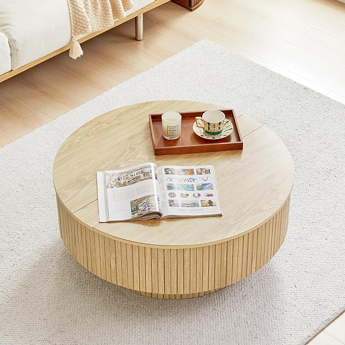 33" Round Coffee Table with Lift-Top & Flip-Top Storage, Modern Accent Fluted Coffee Tables with Metal Frame, Wooden Circle Center Table for Living Room Small Space Apartment Office (Natural)
