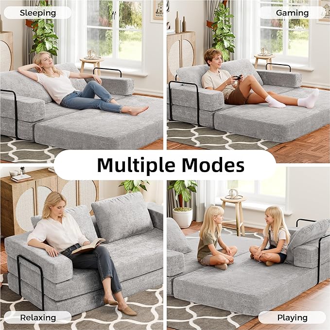 Convertible Sofa Bed, 4-in-1 DIY Combination Boneless Sleeper Sofa Bed with Pillows, Comfy Modular Couch with Fixed-Shape Frame, Chenille Convertible Lounge Couch for Living Room, Light Gray