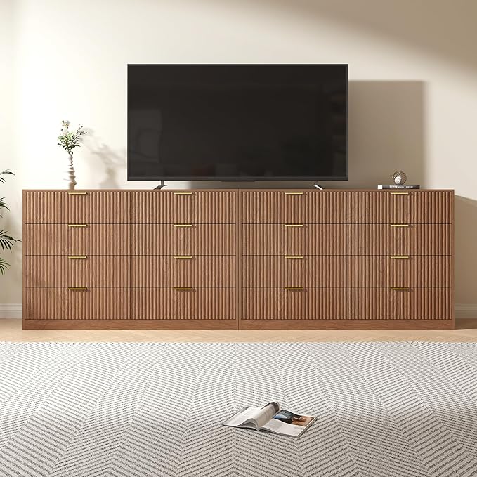 Dresser for Bedroom Set of 2, Large Dresser with 16 Drawers, Fluted Modern Bedroom Furniture Set, TV Stand Dressers & Chests of Drawers for Closet, Natural Wood(15.7" D x 110.2" W x 36" H)