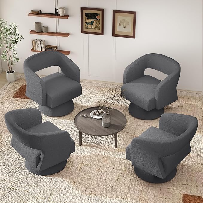 Nebuaegis Swivel Accent Chair Set of 2, Modern Comfy Teddy Barrel Chairs, Oversized Upholstered Round Arm Chair for Living Room, Bedroom, Reading Room, Dark Grey
