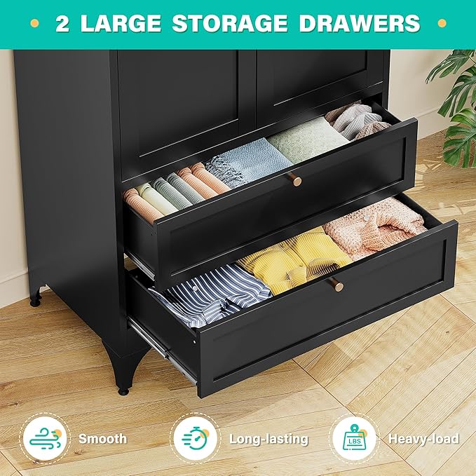 SISESOL Metal Wardrobe Cabinet with Drawer,Armoire Wardrobe Closet with Doors,Black Metal Clothing Storage Cabinet with Adjustable Shelves and Hanging Rod for Bedroom,Laundry,Home