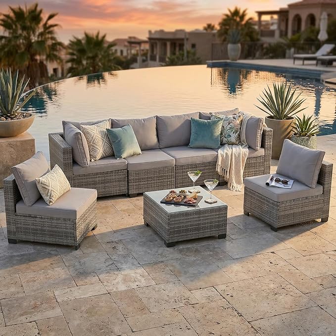 Patio Outdoor Furniture Set 7 Pieces Rattan Wicker Sectional Sofa Couch Conversation Set with Table for Deck Lawn, Light Grey Wicker/Light Grey Cushion