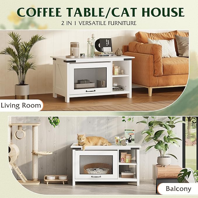 WLIVE Coffee Table with Storage, Modern Coffee Table with Flip-up Door, 2-in-1 Center Table Cat House Furniture for Living Room, Home, White