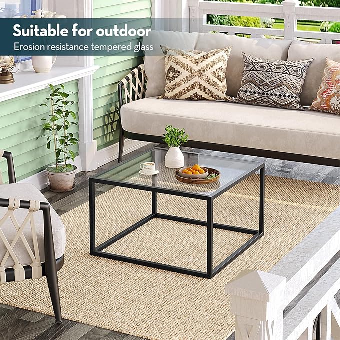 SAYGOER Glass Coffee Table Small Square Coffee Tables for Living Room, 26.7 inch Modern Center Table for Office Apartment, 5 MM Tempered Clear Glass Top, Black Metal Frame
