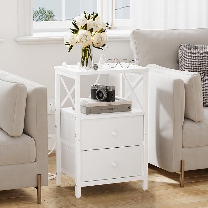 Nightstand Set of 2, Nightstands with Charging Station, Small Bedside Table with Storage Shelf, End Table with USB Ports & Outlets, with Fabric Drawers, for Couch, Bedroom(White) LET105W-2 - Image 7