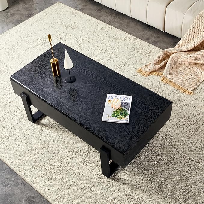 47.24" Rectangle Coffee Table, Wood Coffee Table Center Table with 7.8" Thick Tabletop Metal Legs Rounded Corners for Living Room Office, Black