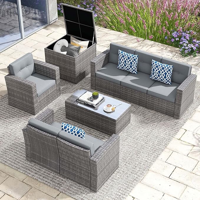 Super Patio 8 Pieces Outdoor Patio Furniture Set, Wicker Patio Conversation Sets with Storage Box, Rattan Outdoor Sectional Sofa Set with Cushions and Coffee Table for Outside Porch, Deck, Gray