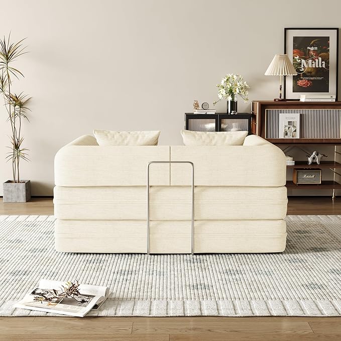 53.15'' Convertible Compressed Corduroy Folding Cloud Sofa Bed, Modern Boneless Pull Out Loveseat Sleeper in a Box, 4 in 1 Floor Mattress Futon Cloud Couch, No Assembly Needed, Beige, 2 Pillows, Full