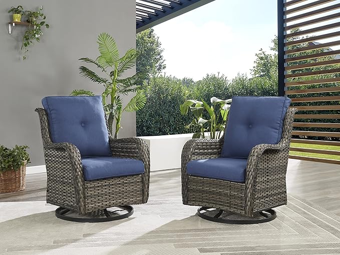 Rilyson Wicker Rocking Chair Swivel Chairs - 3 Piece Rocker Patio Furniture Set Rattan Rocking Bistro Sets with Glass Top Side Table for Outdoor Porch Deck Garden Backyard (Mixed Grey/Blue)