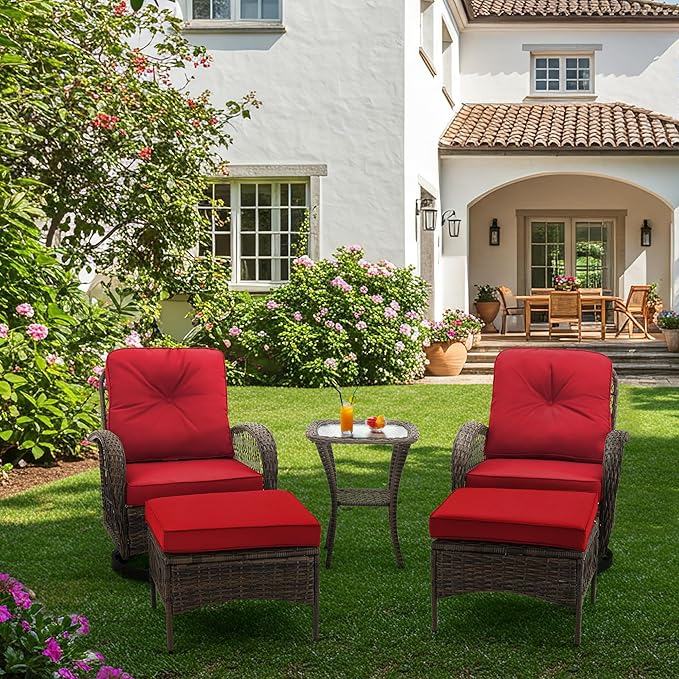 EROMMY 5 Pieces Outdoor Swivel Rocker Patio Chairs, 360 Degree Rocking Patio Conversation Set with Thickened Cushions, Glass Coffee Table and Ottomans for Backyard, Wine Red