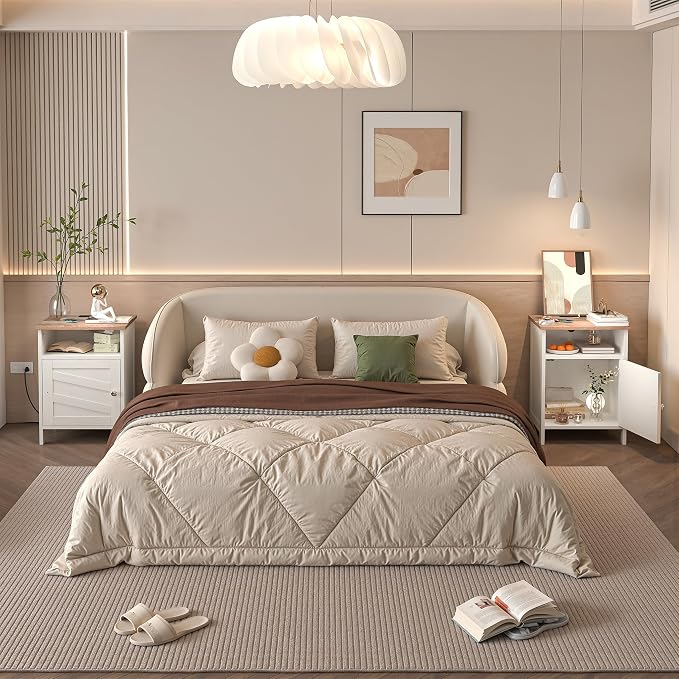 Nightstand with Charging Station, Farmhouse Night Stand Bedside Table with Open Shelf & Enclosed Cabinet, Wooden End Table with USB Ports & Outlets for Bedroom - Image 9