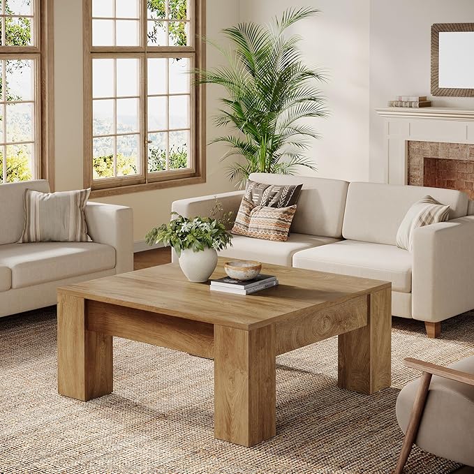 Tribesigns Farmhouse Square Coffee Table, 39-Inch Wooden Coffee Table with Sturdy Legs, Rustic Accent Center Table for Living Room, Easy Assembly, Light Brown